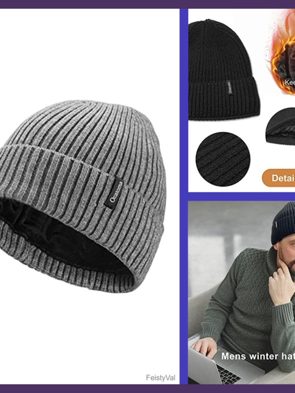 Unisex Knit Cuffed Beanie Warm Winter Ski Hat Acrylic Polyester Fleece Lined